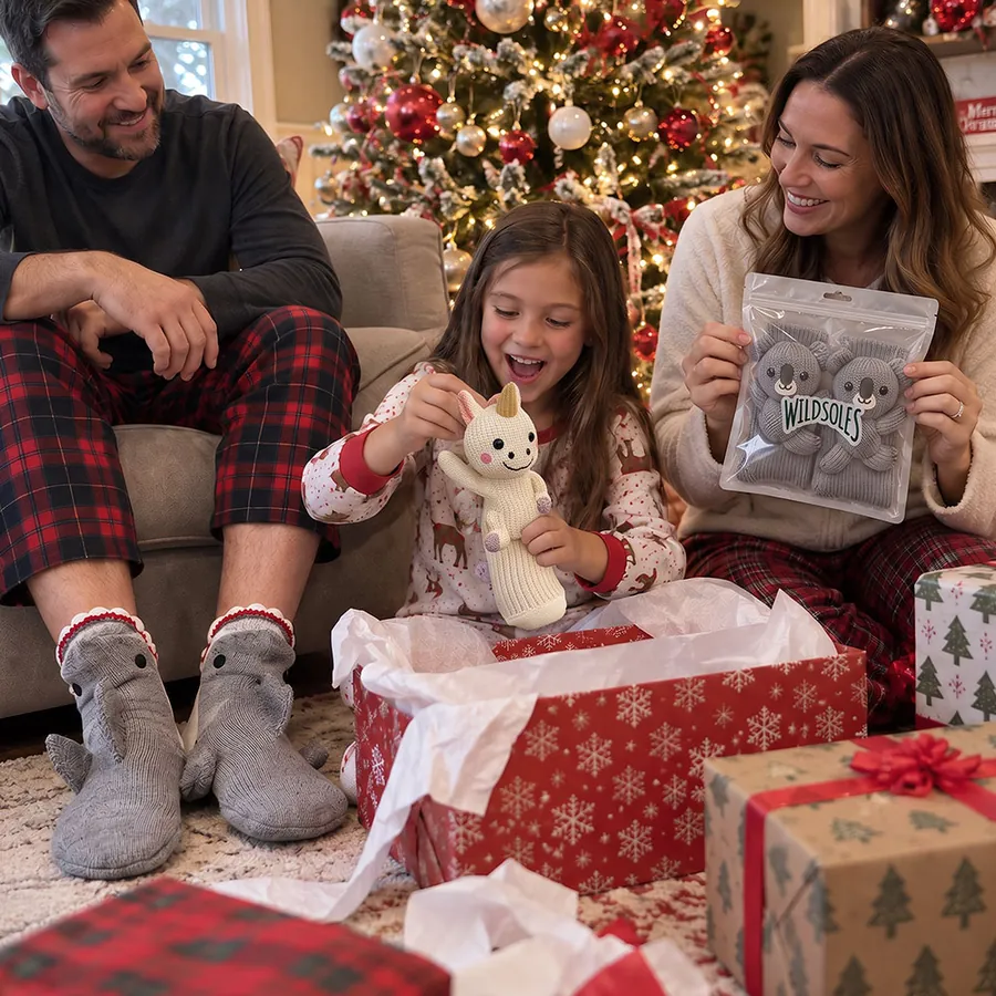 Parents and a child enjoying animal socks together at Christmas