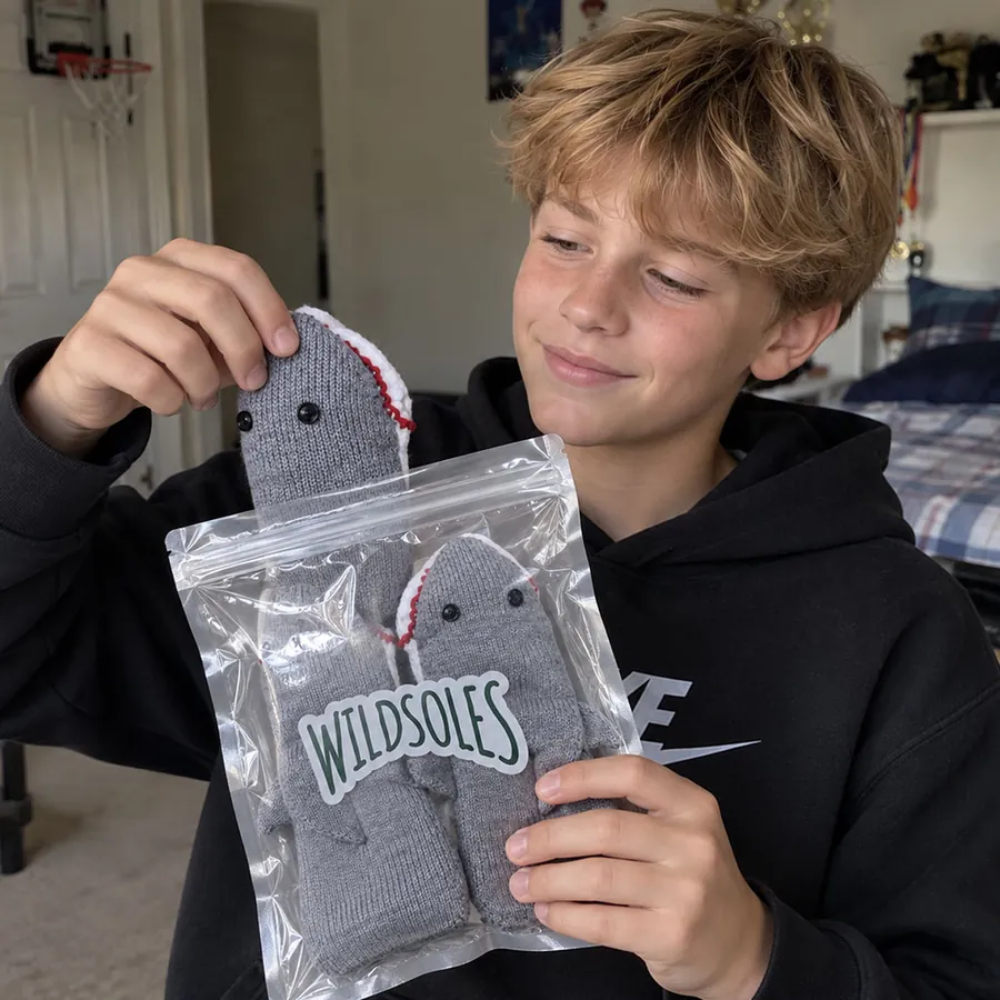 A young man taking a gray shark sock out of its Wildsoles package