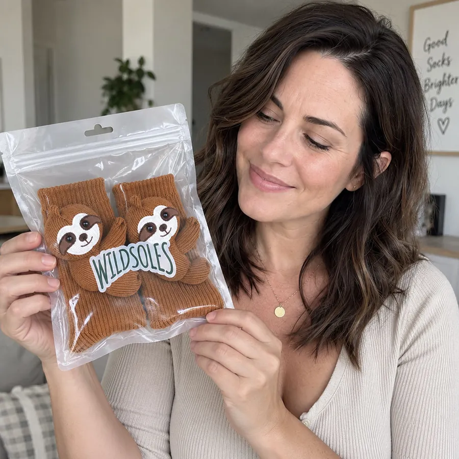 A woman holding packaged brown sloth Wildsoles socks