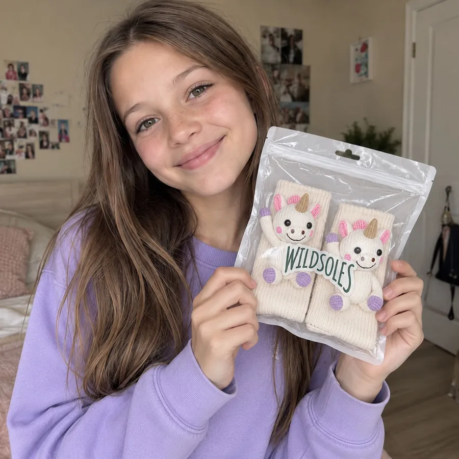 A young woman holding her packaged unicorn Wildsoles socks